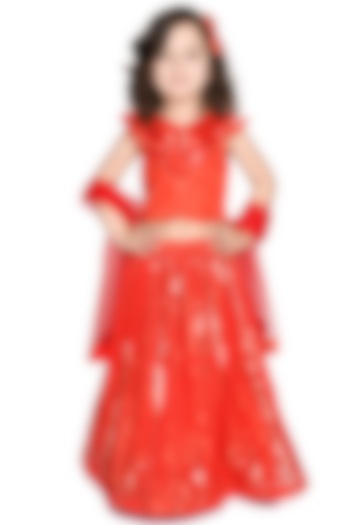 Red Embroidered Lehenga Set For Girls by Saka Designs