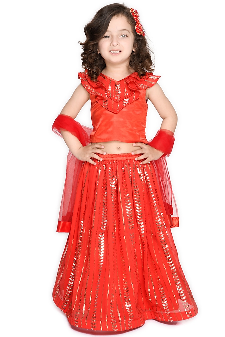 Red Embroidered Lehenga Set For Girls by Saka Designs