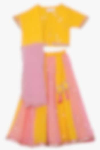 Yellow & Pink Embroidered Lehenga Set For Girls by Saka Designs