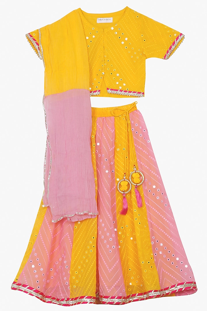 Yellow & Pink Embroidered Lehenga Set For Girls by Saka Designs
