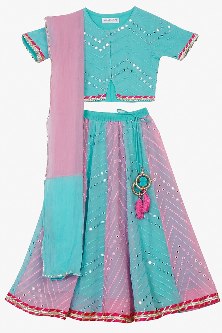 Blue & Pink Embroidered Lehenga Set For Girls by Saka Designs
