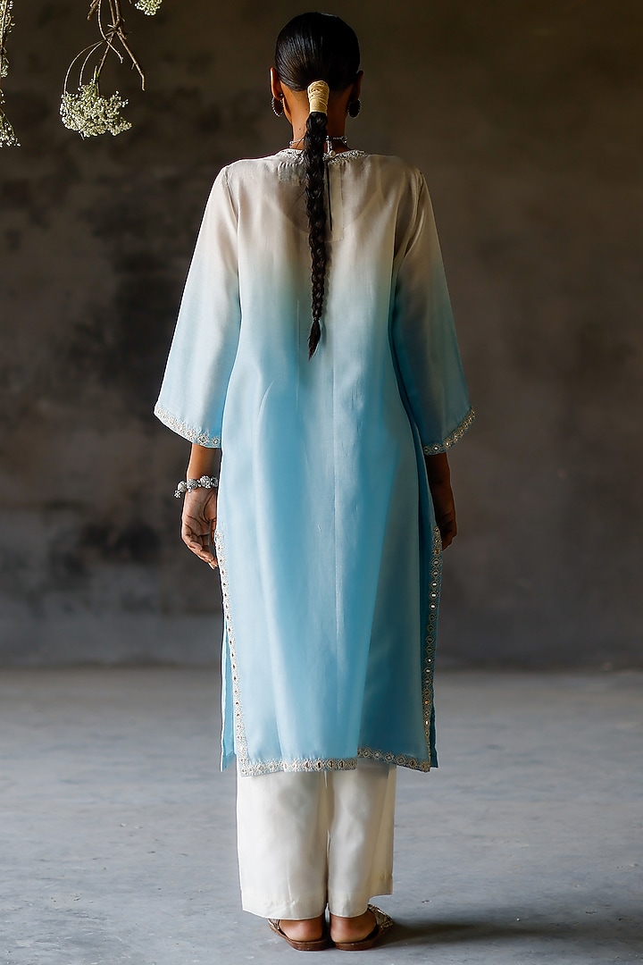 Ivory Blue Silk Embroidered Kurta Set by Shikha Mehta at Pernia's Pop Up Shop