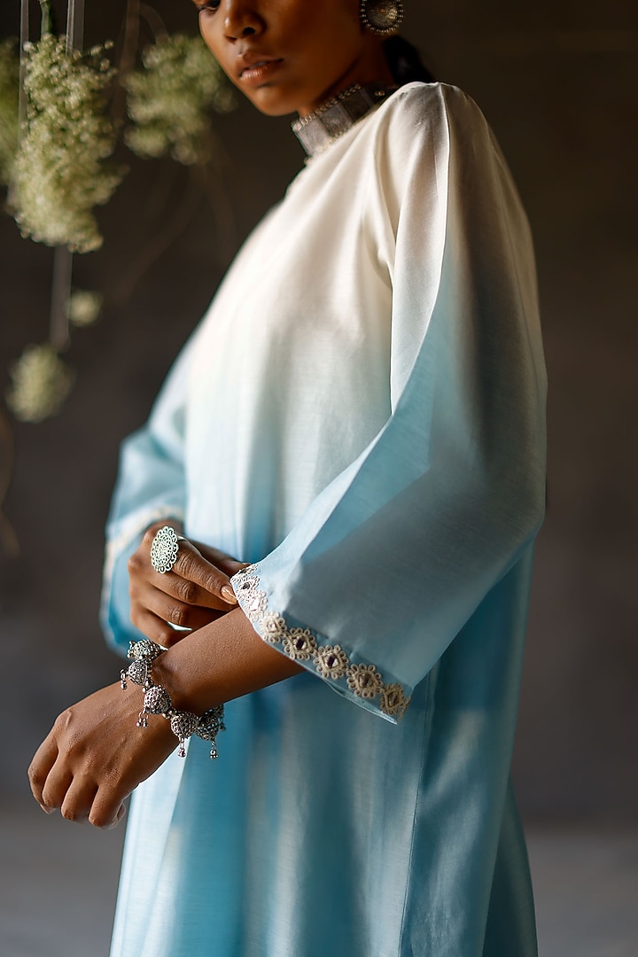 Ivory Blue Silk Embroidered Kurta Set by Shikha Mehta at Pernia's Pop Up Shop