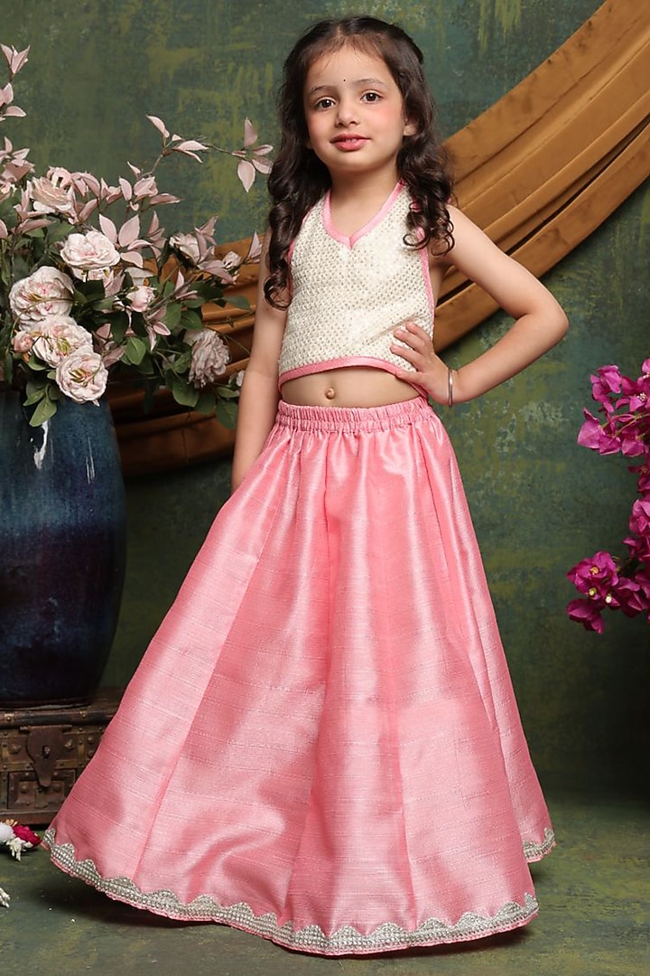 Pink Cotton Sequins Embellished Lehenga Set For Girls by Saka Designs at Pernia's Pop Up Shop