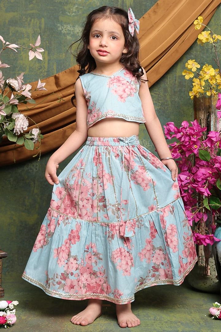 Multi-Colored Cotton Floral Printed Lehenga Set For Girls by Saka Designs at Pernia's Pop Up Shop