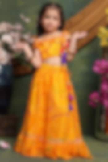 Yellow Poly Georgette Bandhani Printed Lehenga Set For Girls by Saka Designs at Pernia's Pop Up Shop