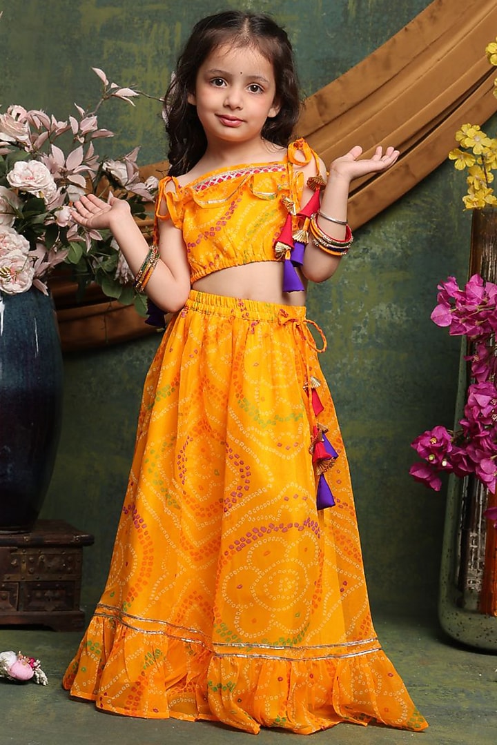 Yellow Poly Georgette Bandhani Printed Lehenga Set For Girls by Saka Designs at Pernia's Pop Up Shop