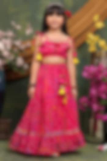 Magenta Poly Georgette Bandhani Printed Lehenga Set For Girls by Saka Designs at Pernia's Pop Up Shop