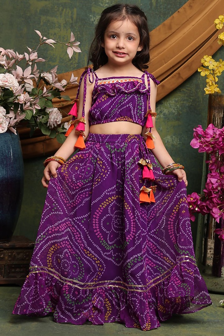 Purple Poly Georgette Bandhani Printed Lehenga Set For Girls by Saka Designs at Pernia's Pop Up Shop