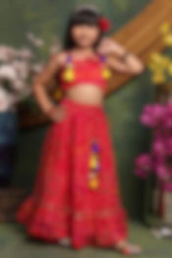 Red Poly Georgette Bandhani Printed Lehenga Set For Girls by Saka Designs at Pernia's Pop Up Shop