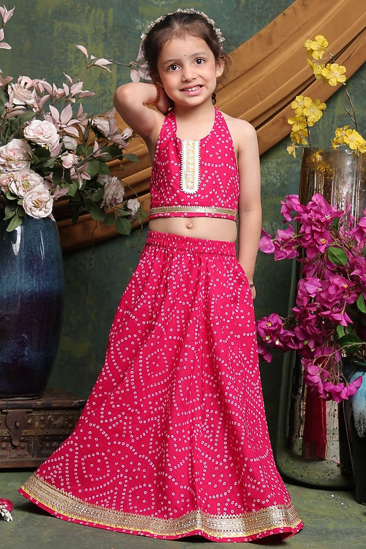 Magenta Cotton Bandhani Printed Lehenga Set For Girls by Saka Designs at Pernia's Pop Up Shop