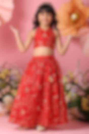 Red Jacquard Floral Embroidered Lehenga Set For Girls by Saka Designs at Pernia's Pop Up Shop