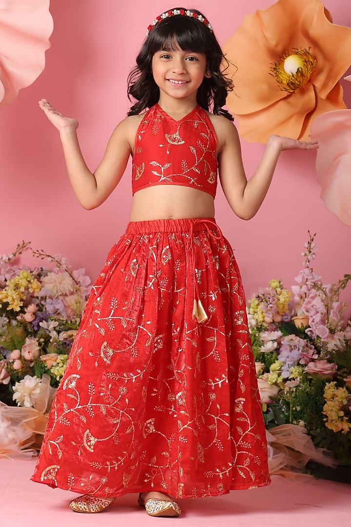 Red Jacquard Floral Embroidered Lehenga Set For Girls by Saka Designs at Pernia's Pop Up Shop