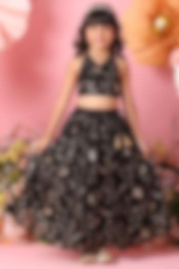Black Jacquard Floral Embroidered Lehenga Set For Girls by Saka Designs at Pernia's Pop Up Shop