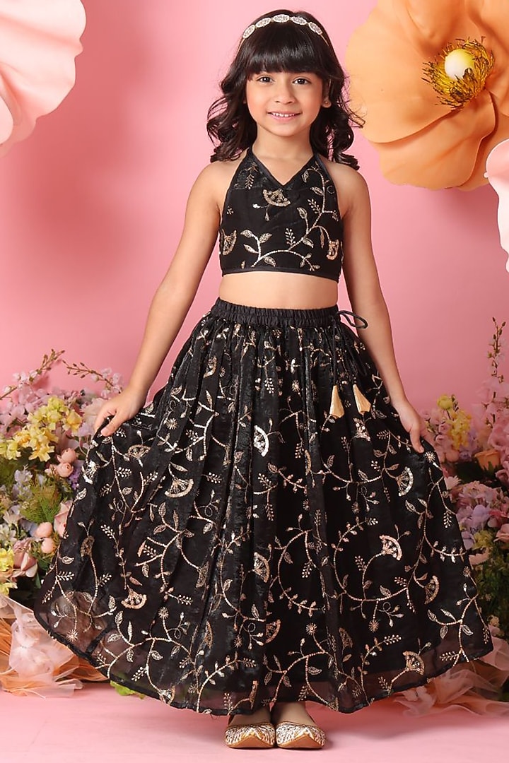 Black Jacquard Floral Embroidered Lehenga Set For Girls by Saka Designs at Pernia's Pop Up Shop