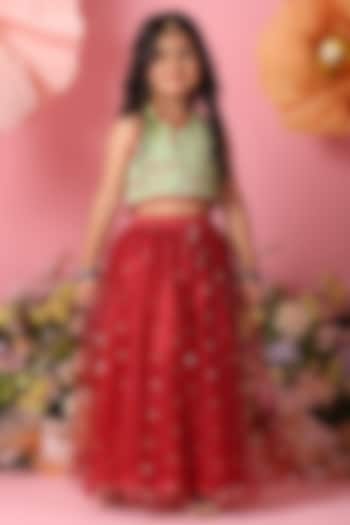 Maroon Net Embellished Lehenga Set For Girls by Saka Designs at Pernia's Pop Up Shop