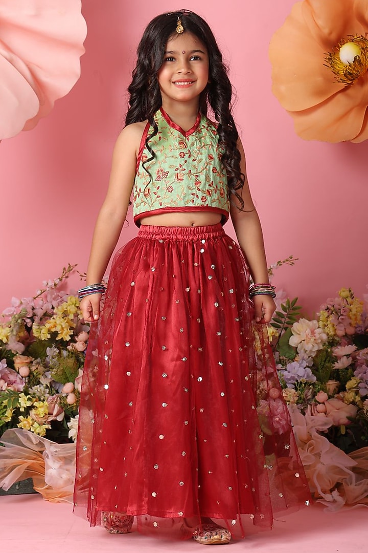 Maroon Net Embellished Lehenga Set For Girls by Saka Designs at Pernia's Pop Up Shop