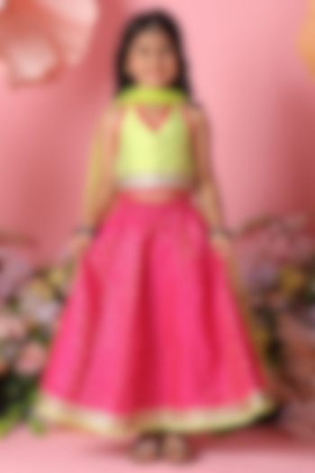 Pink Silk Blend Printed Lehenga Set For Girls by Saka Designs at Pernia's Pop Up Shop