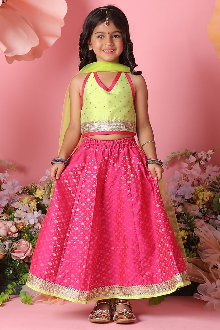 Pink Silk Blend Printed Lehenga Set For Girls by Saka Designs at Pernia's Pop Up Shop