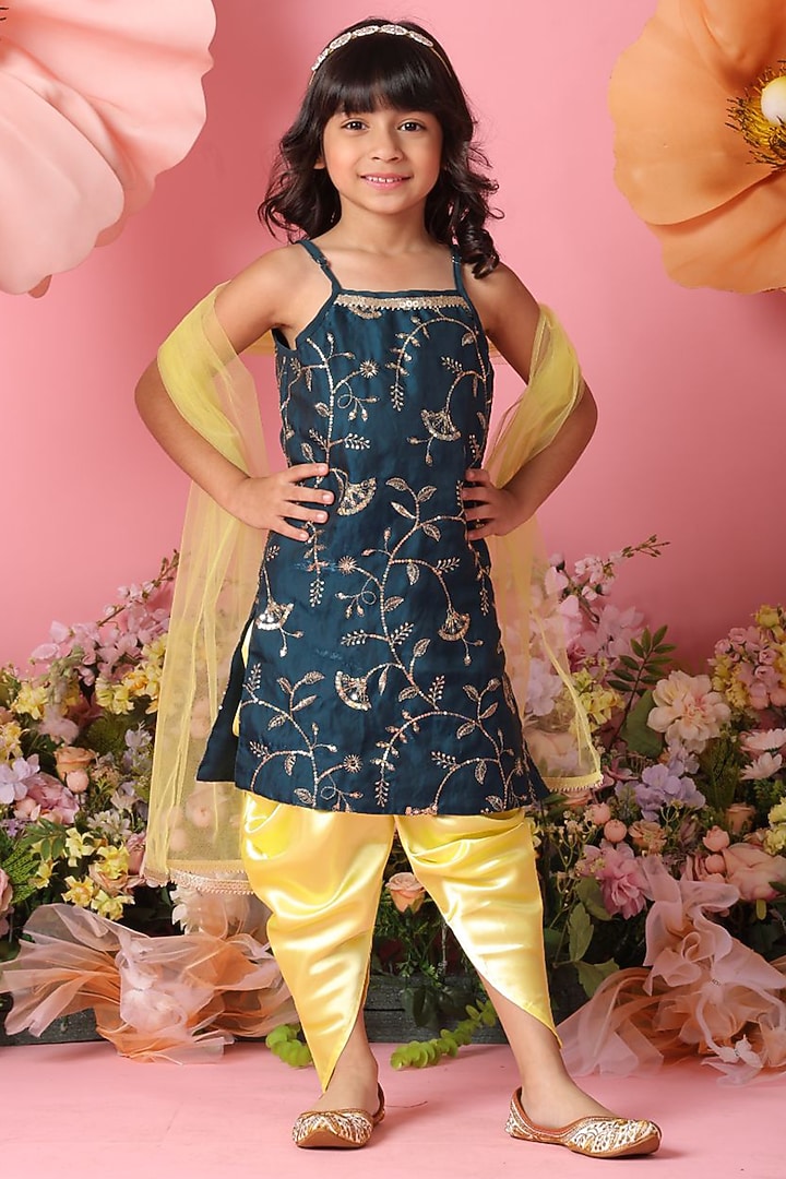 Teal Blue Silk Blend Embroidered Kurta Set For Girls by Saka Designs at Pernia's Pop Up Shop