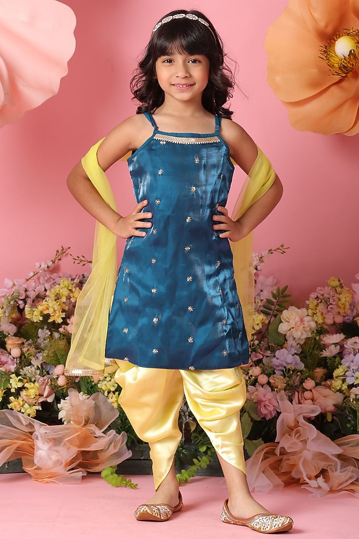 Teal Blue Silk Blend Embroidered Kurta Set For Girls by Saka Designs at Pernia's Pop Up Shop