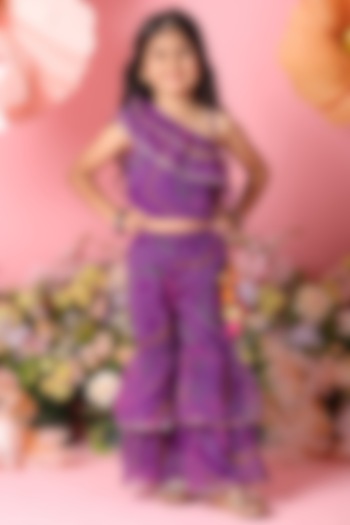 Purple Georgette Printed Sharara Set For Girls by Saka Designs at Pernia's Pop Up Shop