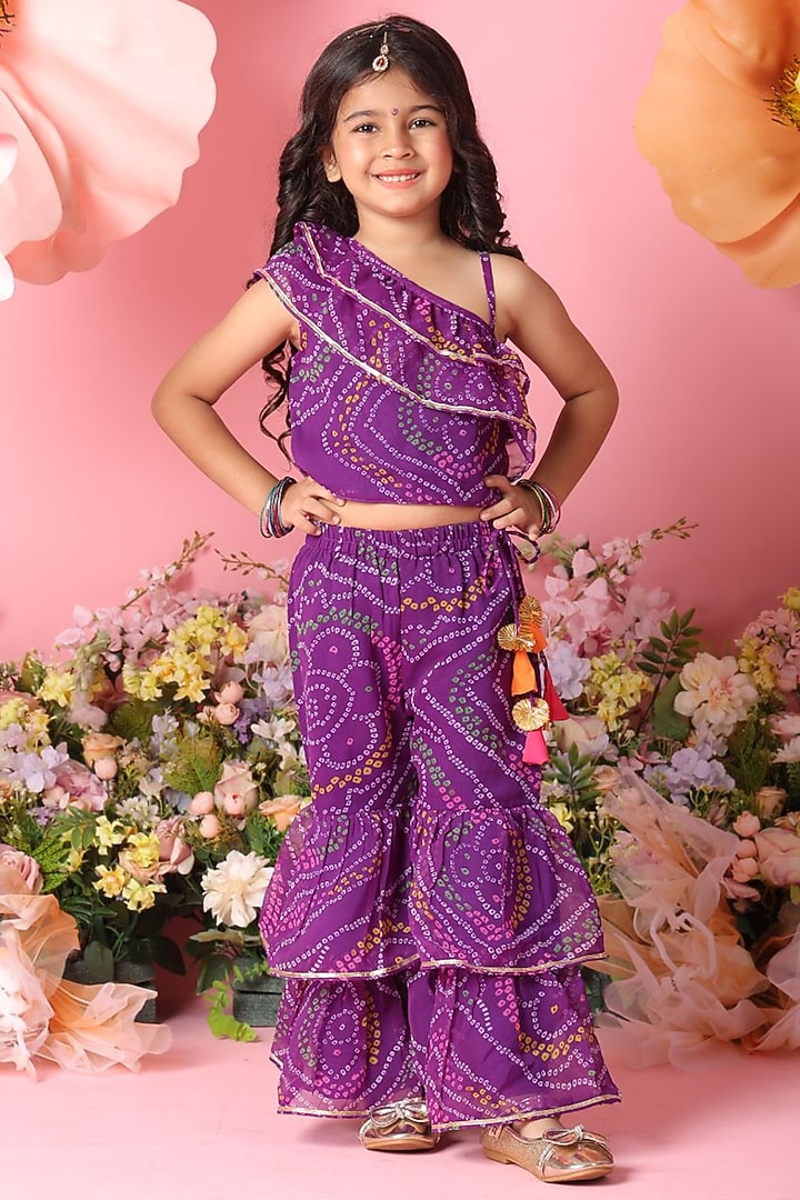 Purple Georgette Printed Sharara Set For Girls by Saka Designs at Pernia's Pop Up Shop