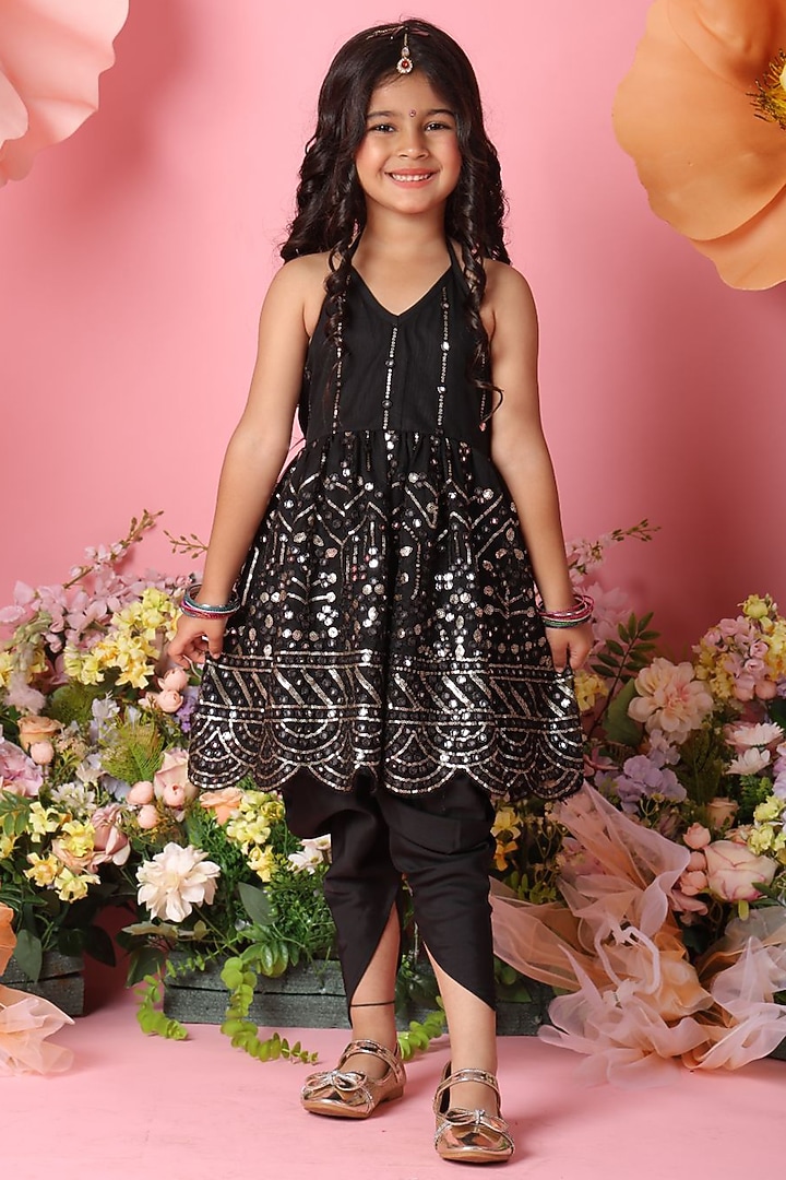 Black Net Dhoti Set For Girls by Saka Designs at Pernia's Pop Up Shop