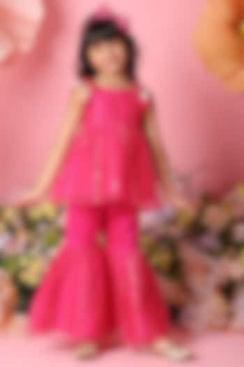 Pink Net Sharara Set For Girls by Saka Designs at Pernia's Pop Up Shop