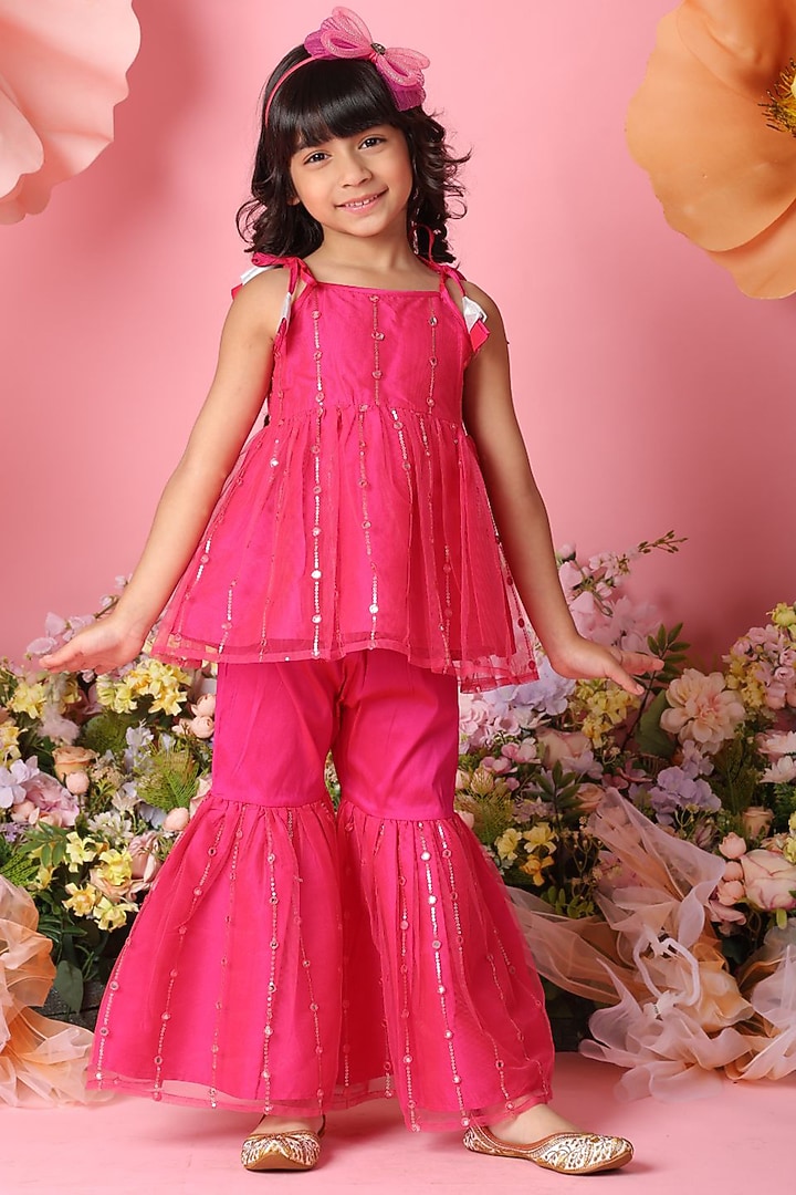 Pink Net Sharara Set For Girls by Saka Designs at Pernia's Pop Up Shop