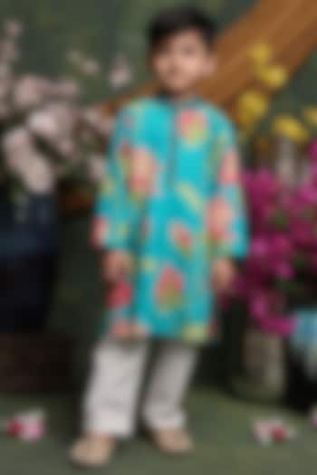 Turquoise Pure Cotton Floral Printed Kurta Set For Boys by Saka Designs at Pernia's Pop Up Shop