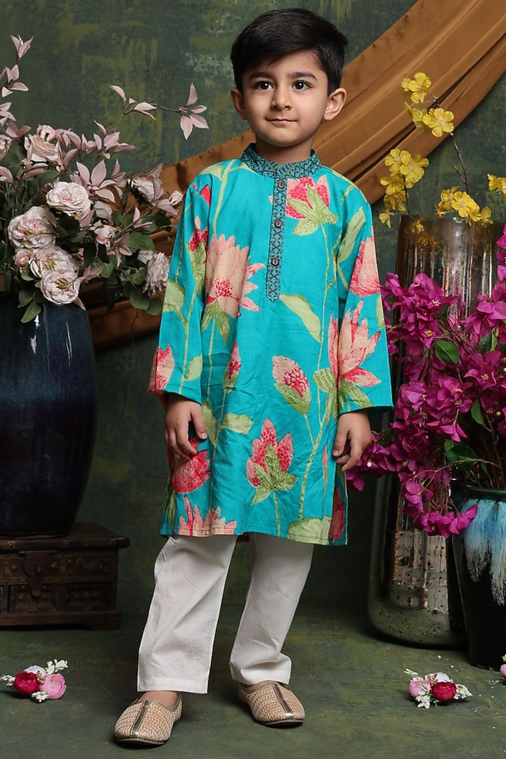 Turquoise Pure Cotton Floral Printed Kurta Set For Boys by Saka Designs at Pernia's Pop Up Shop