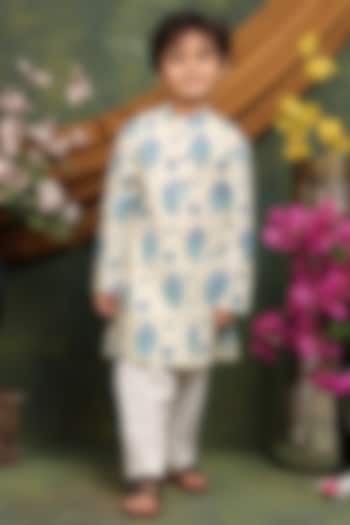 Cream Pure Cotton Floral Block Printed Kurta Set For Boys by Saka Designs at Pernia's Pop Up Shop