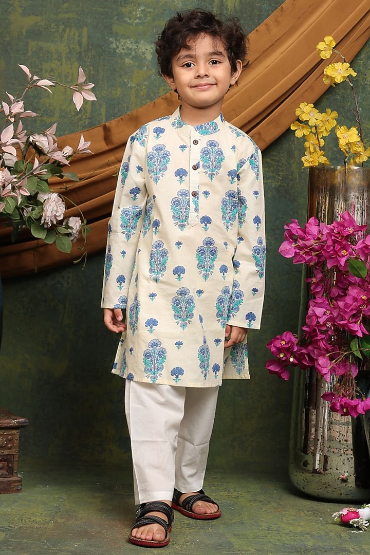 Cream Pure Cotton Floral Block Printed Kurta Set For Boys by Saka Designs at Pernia's Pop Up Shop