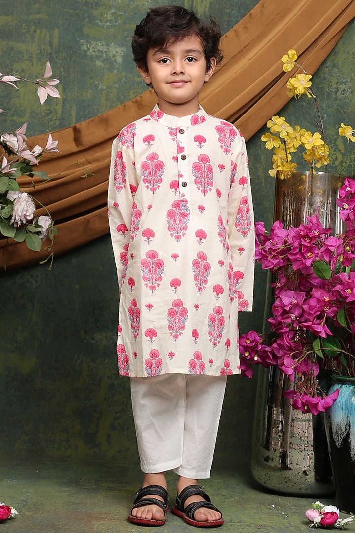 Cream Pure Cotton Floral Block Printed Kurta Set For Boys by Saka Designs at Pernia's Pop Up Shop