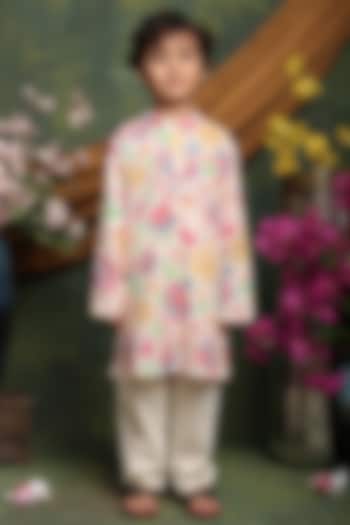 Multi-Colored Pure Cotton Floral Printed Kurta Set For Boys by Saka Designs at Pernia's Pop Up Shop
