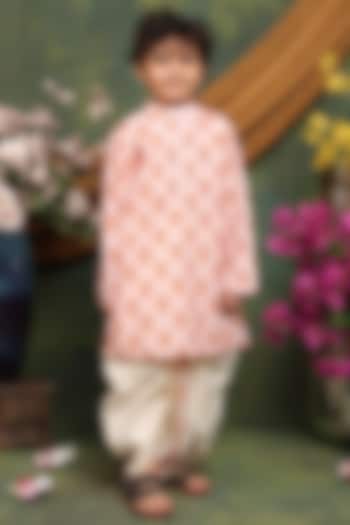 Peach Cotton Blend Geometric Printed Kurta Set For Boys by Saka Designs at Pernia's Pop Up Shop