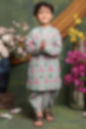 Light Green Pure Cotton Floral Printed Kurta Set For Boys by Saka Designs at Pernia's Pop Up Shop