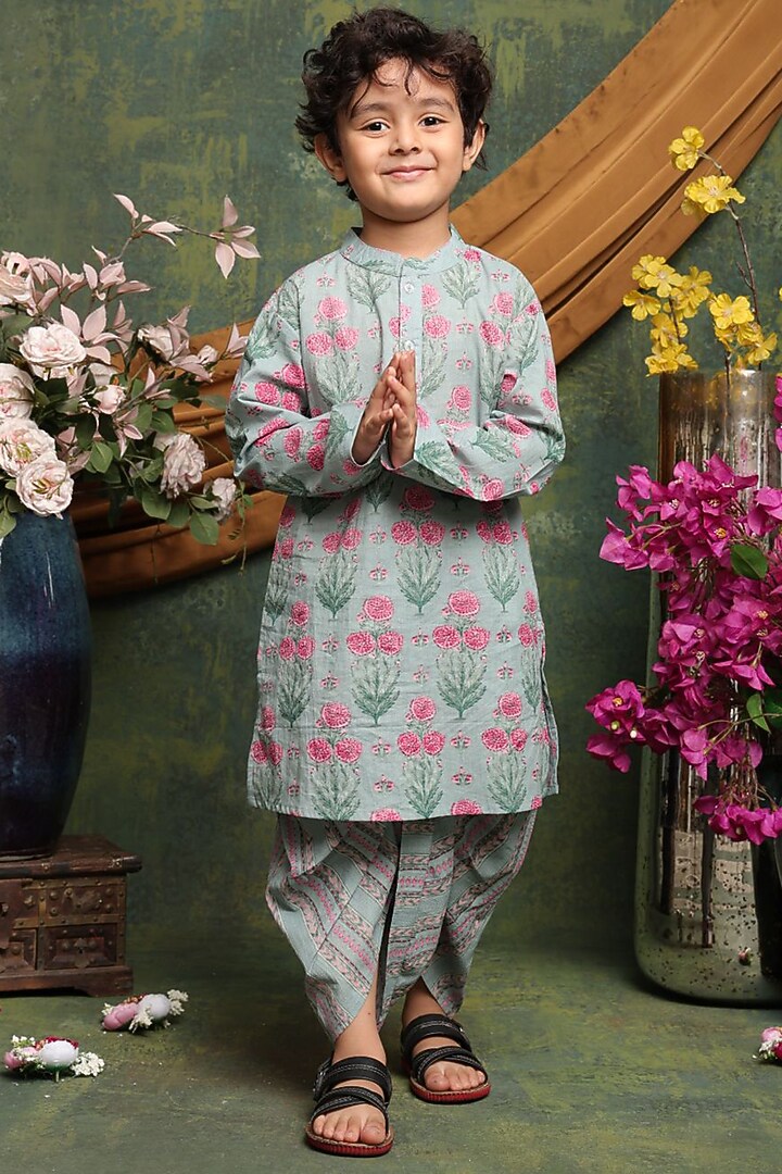 Light Green Pure Cotton Floral Printed Kurta Set For Boys by Saka Designs at Pernia's Pop Up Shop
