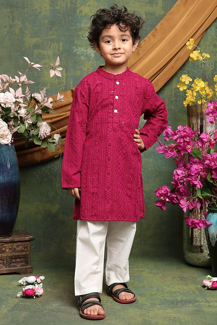 Maroon Poly Georgette Embroidered Kurta Set For Boys by Saka Designs at Pernia's Pop Up Shop
