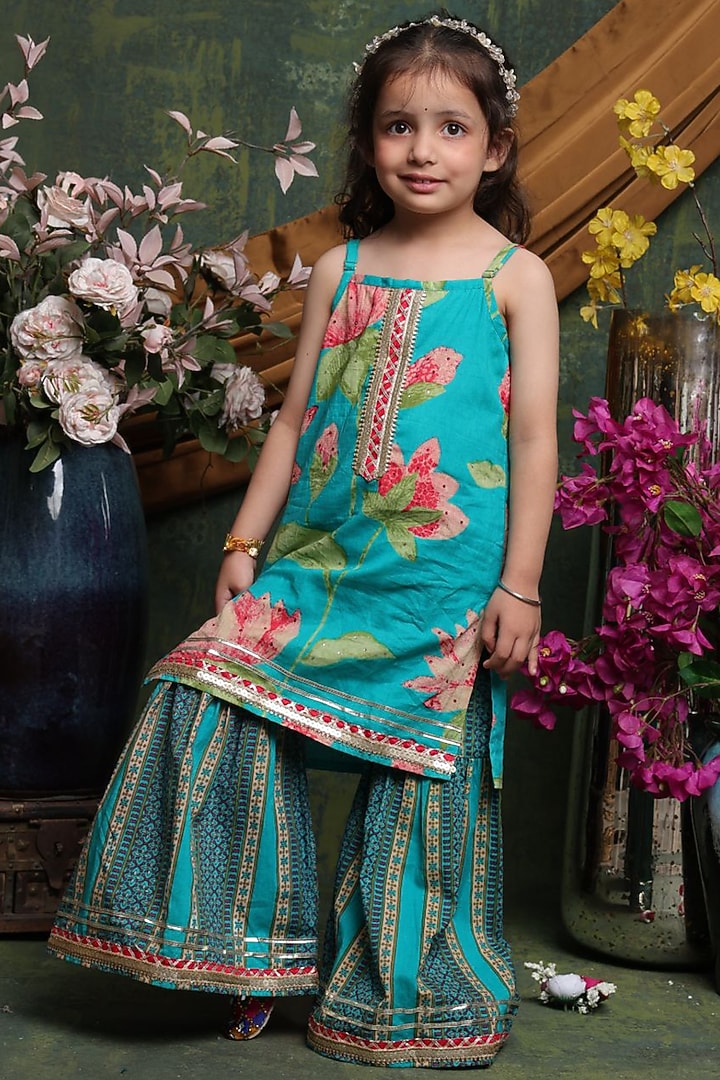 Teal Cotton Sharara Set For Girls by Saka Designs at Pernia's Pop Up Shop
