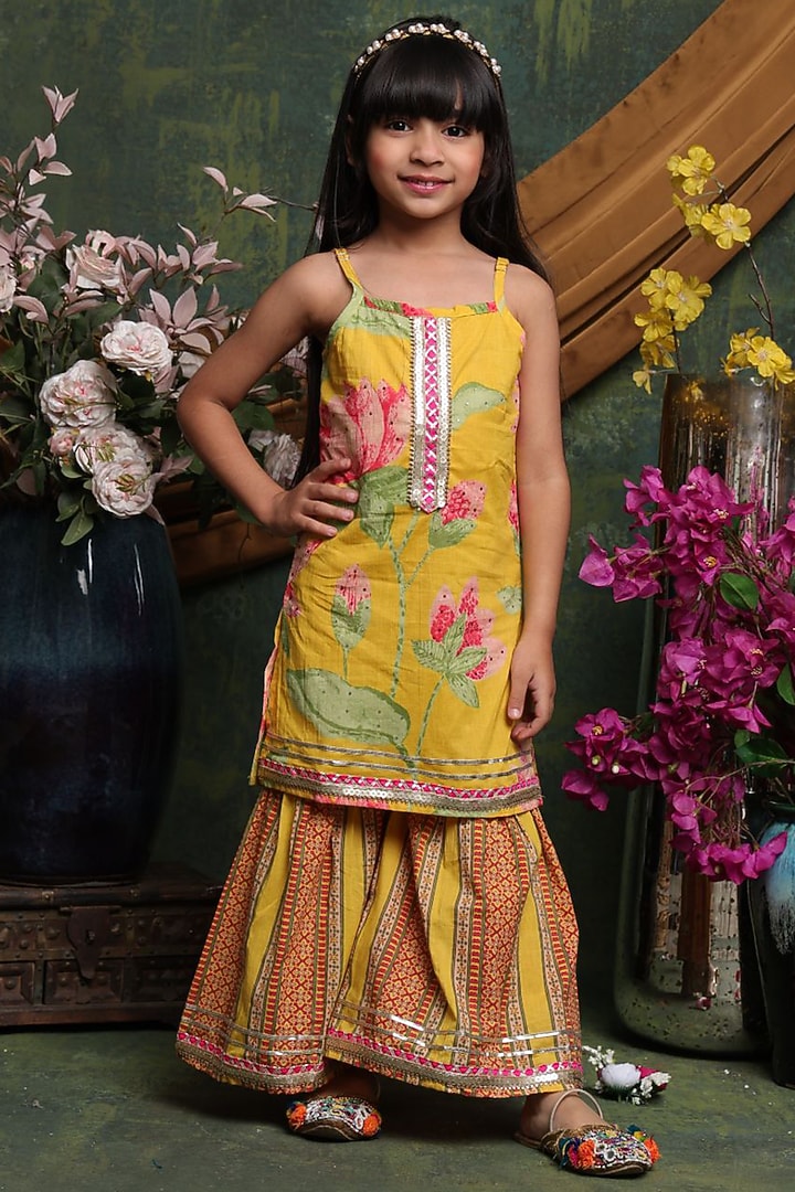 Yellow Cotton Sharara Set For Girls by Saka Designs at Pernia's Pop Up Shop