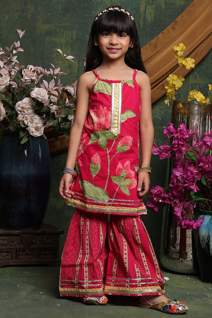 Red Cotton Sharara Set For Girls by Saka Designs at Pernia's Pop Up Shop