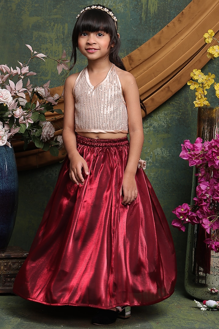 Maroon Tissue Flared Lehenga Set For Girls by Saka Designs at Pernia's Pop Up Shop