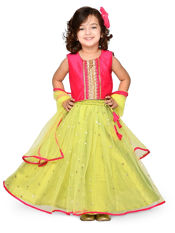 Parrot Green Sequins Embroidered Lehenga Set For Girls by Saka Designs