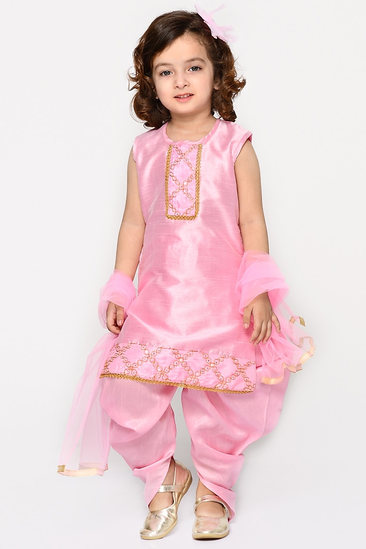 Baby Pink Silk Blend Dhoti Set For Girls by Saka Designs at Pernia's Pop Up Shop