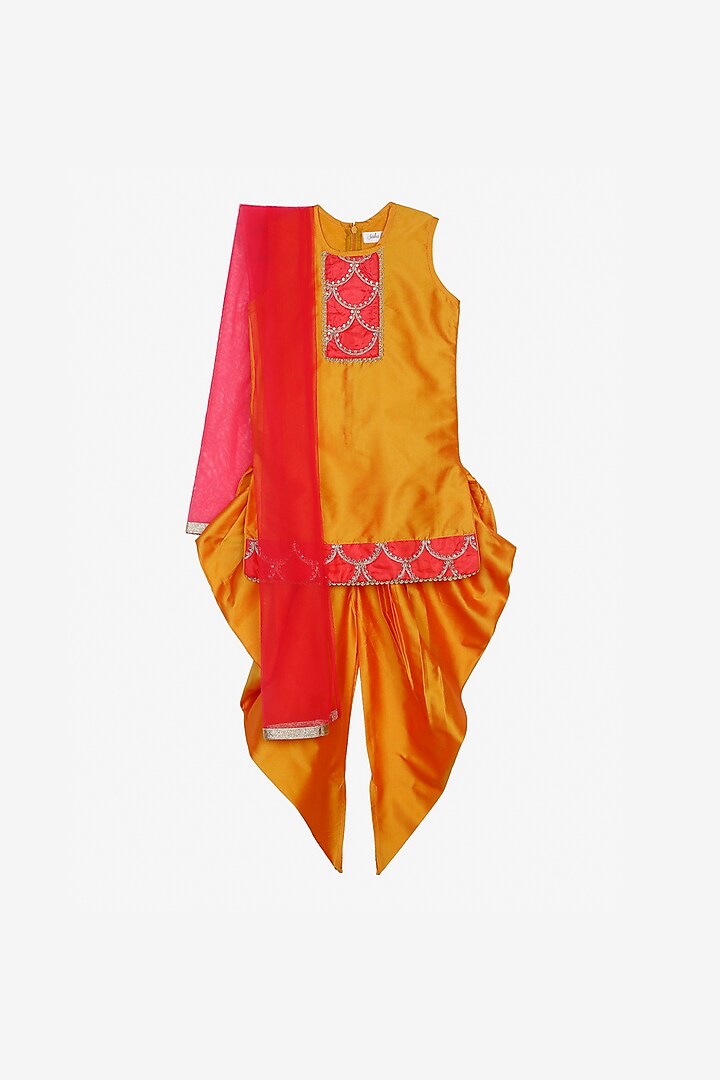 Cadmium Orange Silk Blend Cowl Dhoti Set For Girls by Saka Designs at Pernia's Pop Up Shop