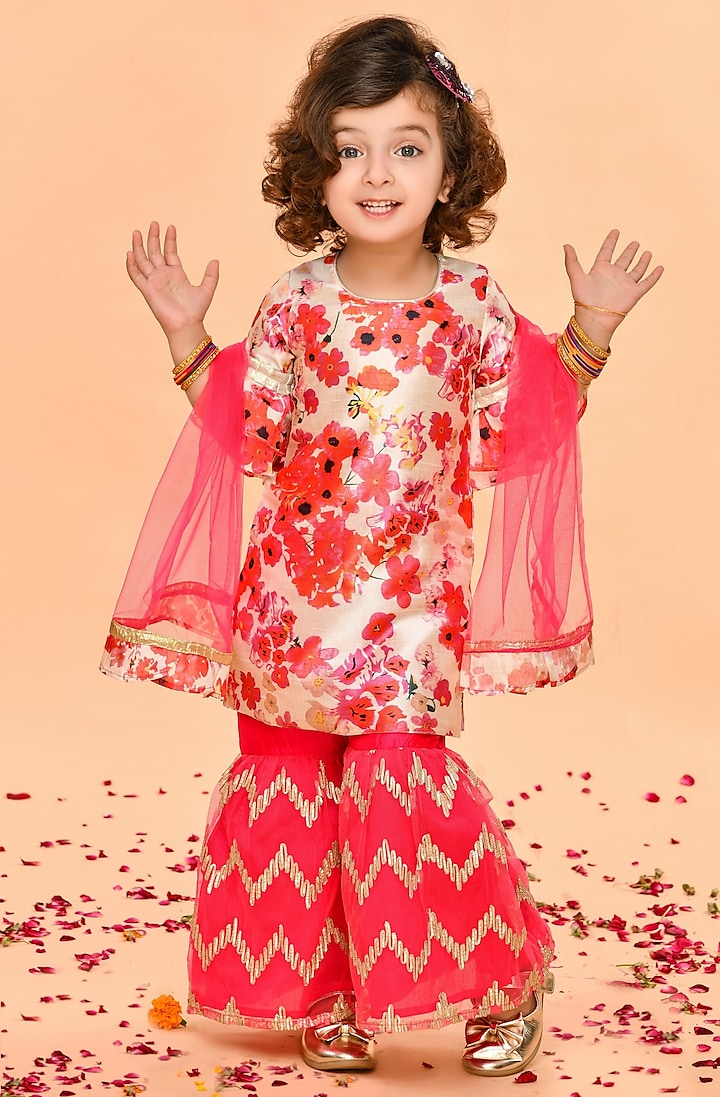 Deep Pink Embroidered Sharara Set For Girls by Saka Designs