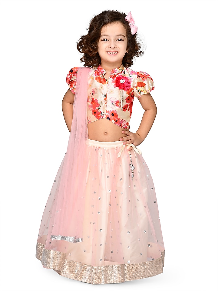 Pastel Peach Sequins Embroidered Lehenga Set For Girls by Saka Designs at Pernia's Pop Up Shop