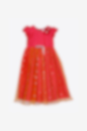 Candy Pink & Orange Embroidered Flared Gown For Girls by Saka Designs
